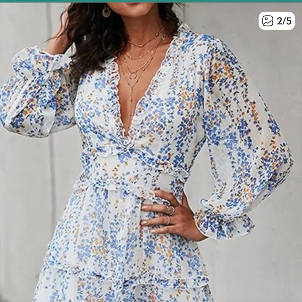 Selfie Leslie Blue and White Floral Long Sleeve Dress - Picture 1 of 4